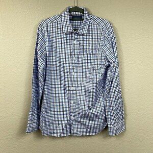 Fairline Plaid Checked Long Sleeve Button Front Shirt Slim Blue White Office S